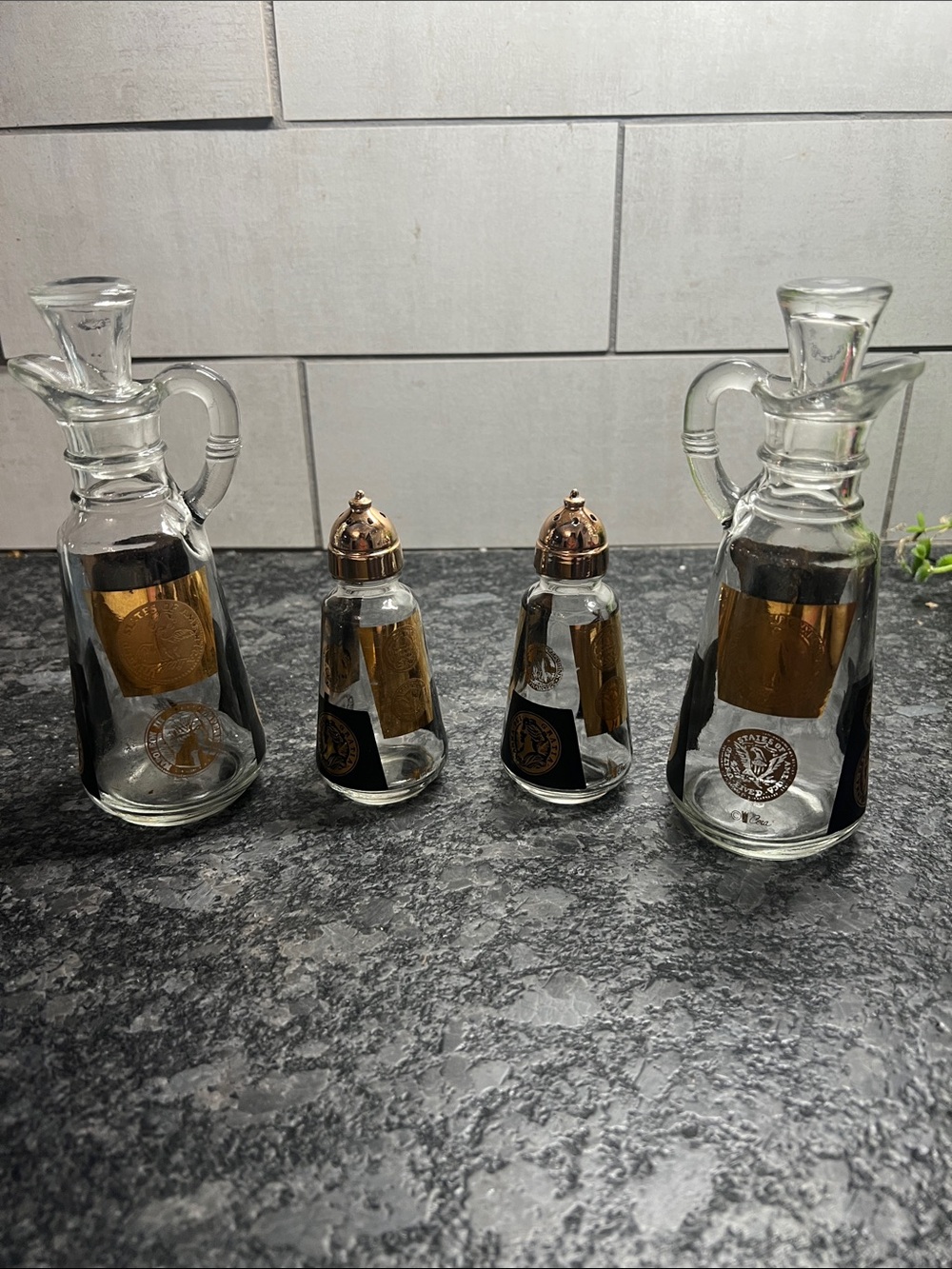 Vintage Glass Condiment Set  Cruet and Shaker Set with Gold Medallion Accents